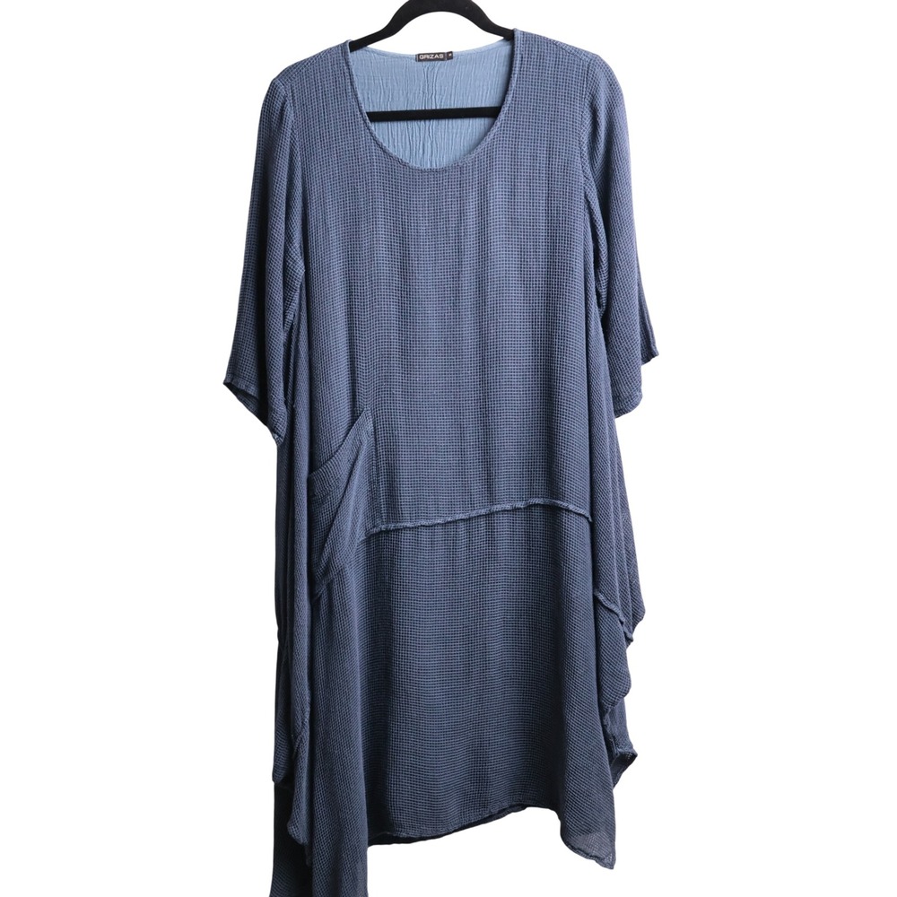 Grizas Blue Textured Viscose Silk Asymmetrical Lagenlook Midi Dress S Boho‎
